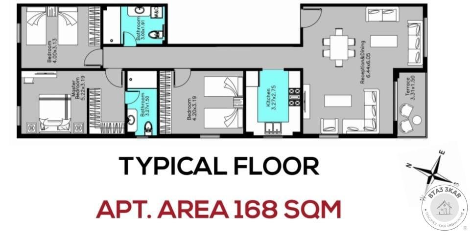 شقة 168م  دور متكرر أمامي بالنورث هاوس رابع صف من طريق السويس
